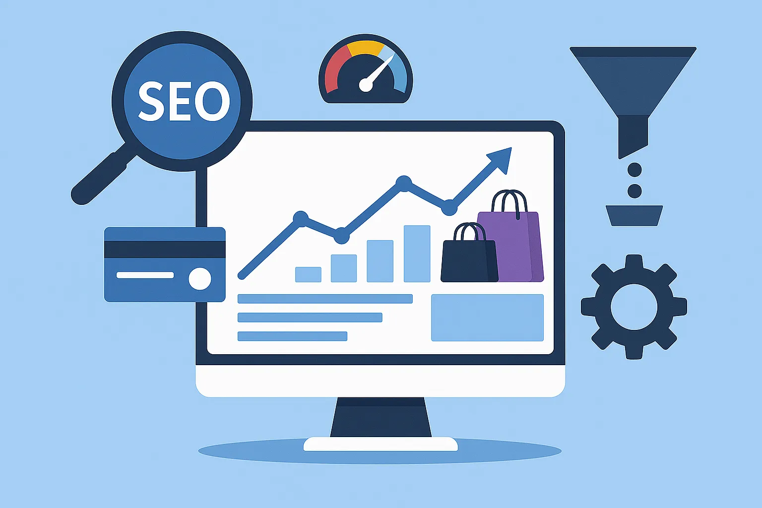 Ecommerce performance illustration showing SEO, sales funnel, analytics, and fast-loading optimization tools