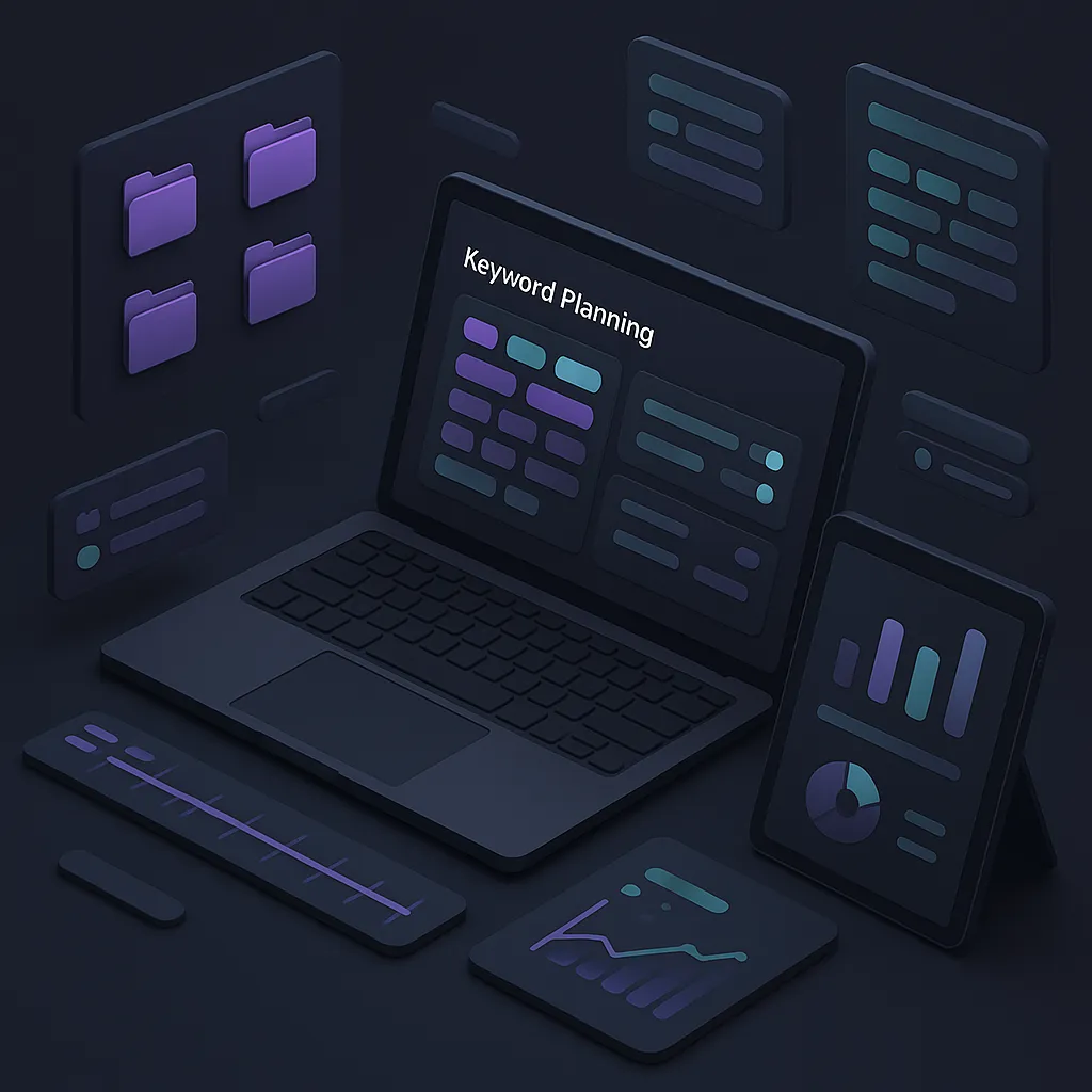 Keyword research dashboard displaying charts and graphs with the text Keyword Planning on the screen. The environment is a modern digital workspace with a calm and focused tone, emphasizing data-driven analysis and strategic planning.
